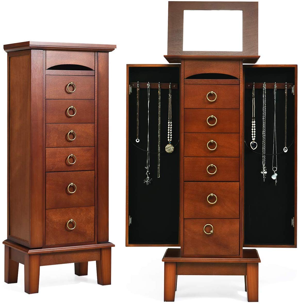 HOMGX 6 Drawers Jewelry Armoire Cabinet, Standing Jewelry Storage Chest with Mirror, 8 Necklace Hooks Wooden Jewelry Organizer, Bedroom Extra Capacity Jewelry Furniture, Walnut
