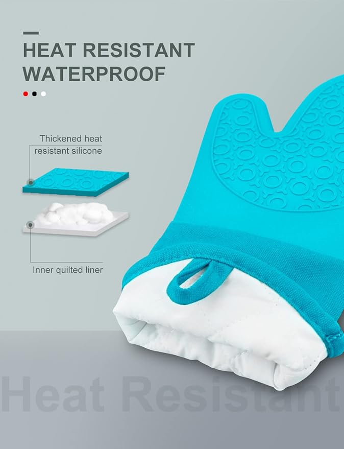 sungwoo Silicone Oven Mitts, Heat Resistant Oven Gloves with Quilted Liner Non-Slip Textured Grip Perfect for BBQ, Baking, Cooking and Grilling - 1 Pair 13.8 Inch Turquoise