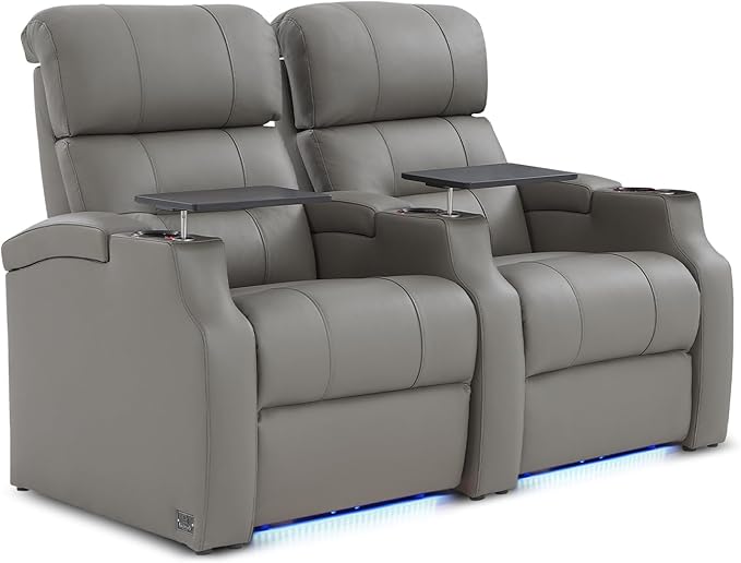 Weilianda Home Theater Seating, Top Grain Leather Sectional Seats Recliner Chair, Zero Gravity Reclining Sofa with Power Headrest 7 Colors Ambient Lighting USB C Charge Row of 2 Grey