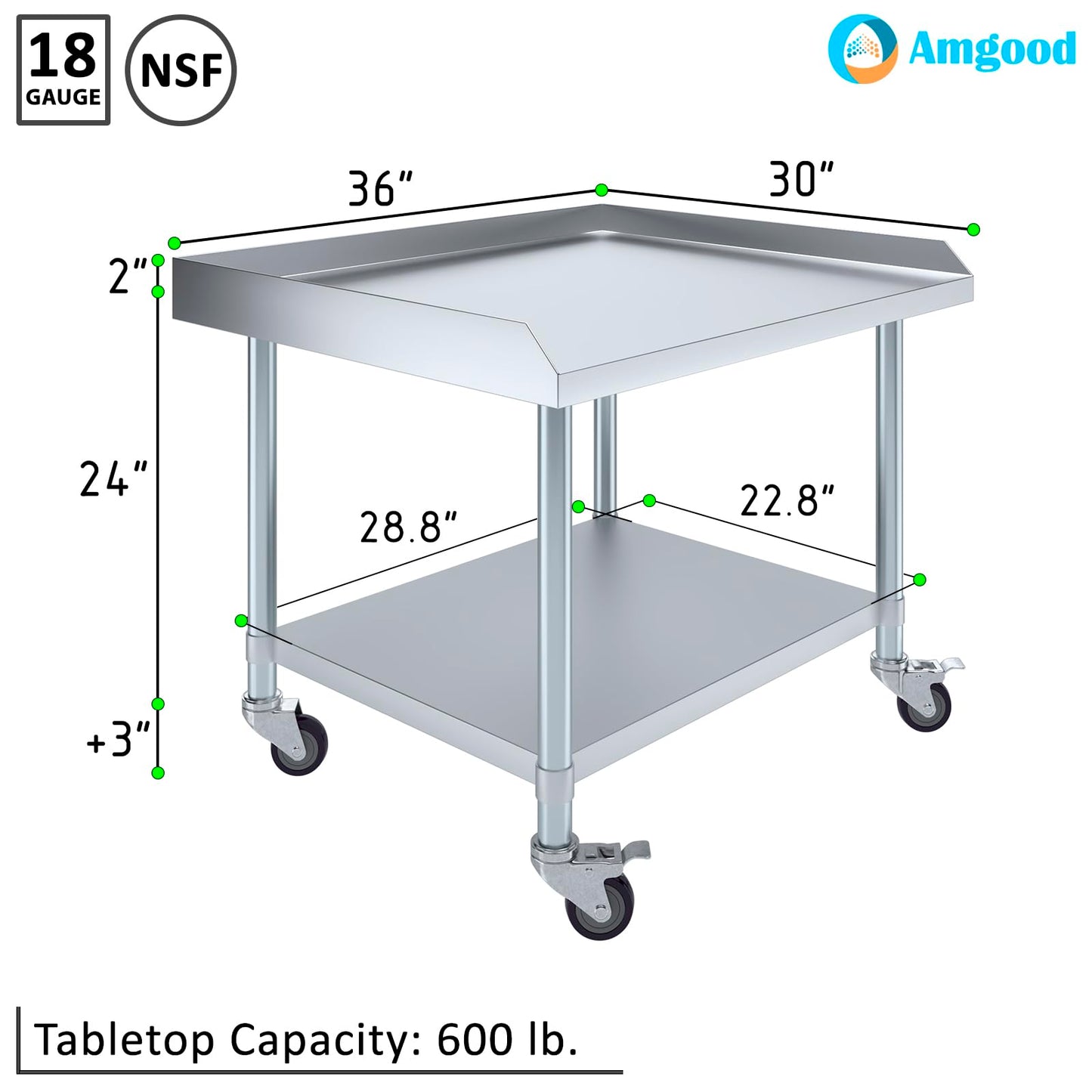 AmGood Stainless Steel Equipment Stand with Undershelf + Casters, Heavy Duty, Commercial Grade, NSF (30" Width x 36" Length + Casters)