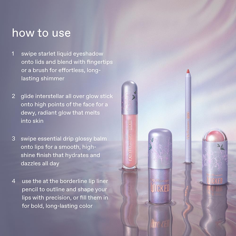 r.e.m. beauty by Ariana Grande Wicked: For Good | Glinda Makeup Set | Waterpoof Eye Shadow, All Over Glow Stick, Creamy Lip Liner, Glossy Lip Balm | 4 Full Size Products