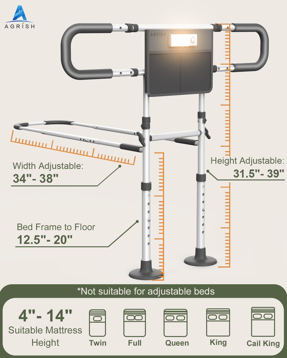 Agrish Bed Rails for Elderly Adults Safety - FSA/HSA Eligible with Motion Light & Storage Pouch - Bed Assist Rails for Seniors, Surgery Patients & Handicap, Fit King Queen Full Twin Bed