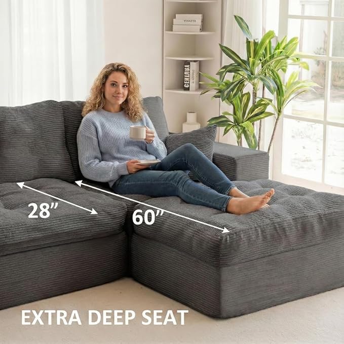 NAYA 106” Modular Sectional Sofa, Cloud Sectional Couch with Deep Seat, Modern Modular L-Shape Sofa Boneless Couch with Chaise for Living Room Bedroom (Grey, Cloudy Sofa with Right Facing Chaise)
