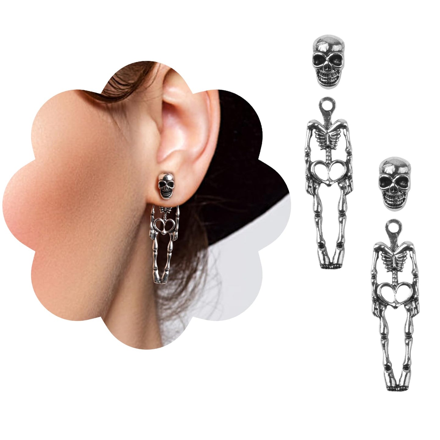 Jaisie.W Halloween Earrings - Silver Skeleton Skull Dangle Earrings (1Pair)