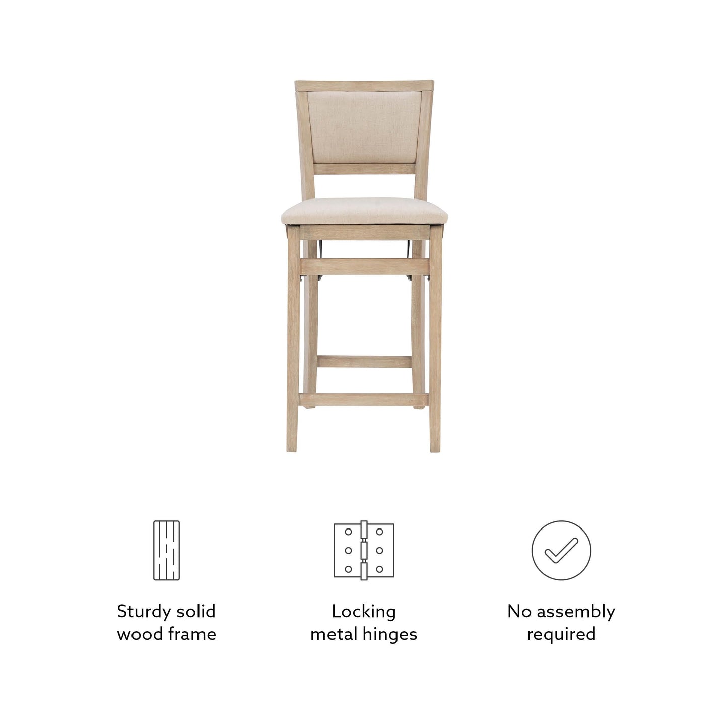 Linon Keira Natural Rustic Wooden Folding Counter Stool with Beige Upholstered Seat and Back