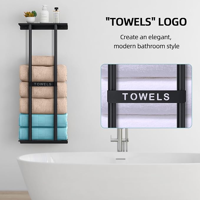 Bathroom Towel Storage Rack, Towel Racks for Bathroom Wall Mounted 30 inch with Shelf Can Holds 6 Large Towels, Wall Towel Rack for Rolled Towels, Black