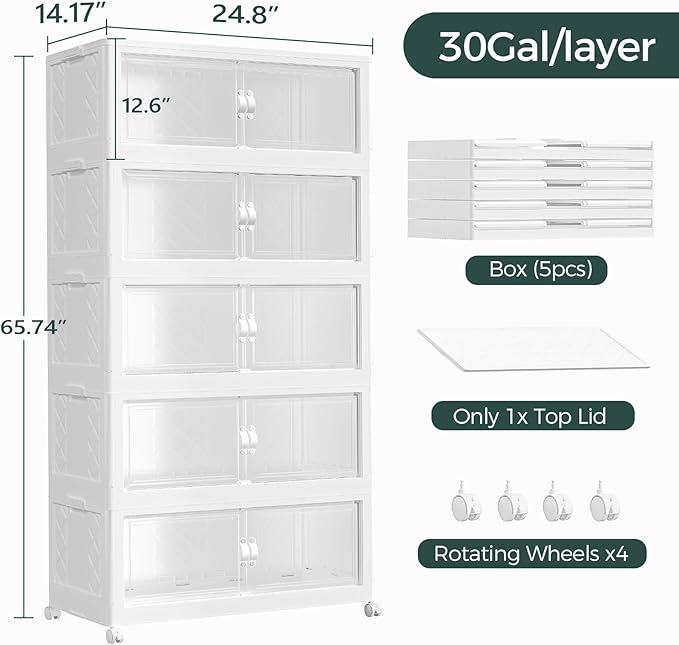 150Gal Stackable Storage Bins with Lid and Wheels, 600QT Plastic Collapsible Storage Boxes with Doors, Closet Organizer and Storage Cabinet for Home Kitchen Office Dorm Room, 5Pack White