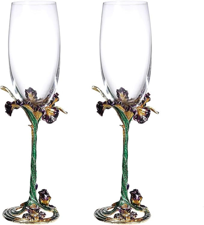 SUQ I OME Enamel Wine Crystal Champagne Flutes Glasses Set of 2, Decorative Enamel Champagne Glasses, Gifts for Brides and...