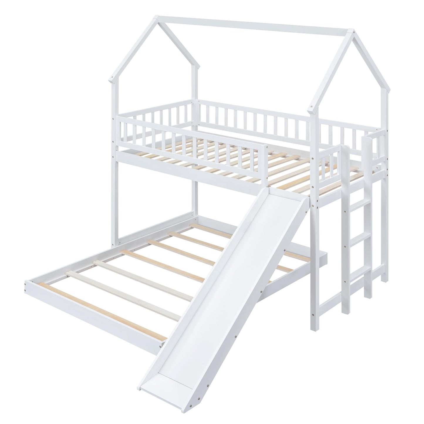 SOFTSEA Wooden House Bunk Bed with Slide and Built-in Ladder, Twin Over Full Wooden Bunk Bed Frame with Full-Length Guardrail, for Girls Boys Bedroom, No Box Spring Needed, White