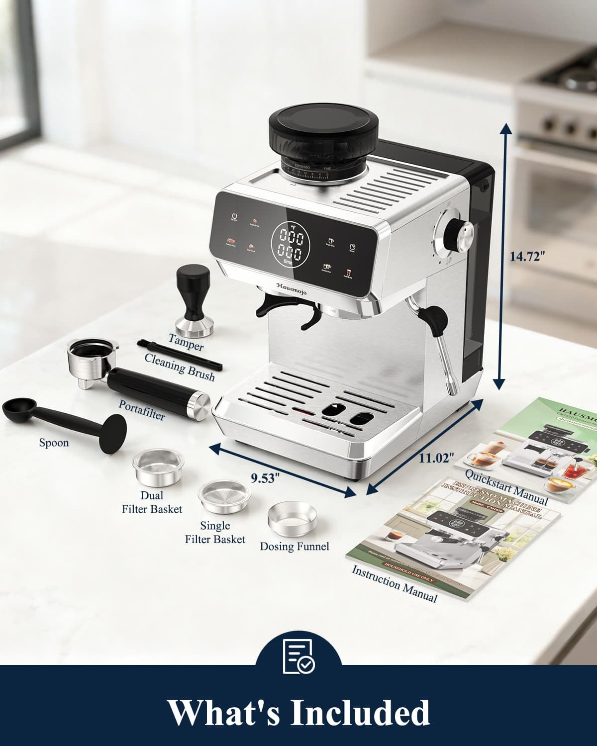 Hausmojo CM1620 Espresso Machine with Built-in Burr Grinder, 20 Bar Bean-to-Cup Espresso Maker with 44 Grind Settings & Steam Wand, Touchscreen Coffee Machine for Latte, Cappuccino & Iced Coffee