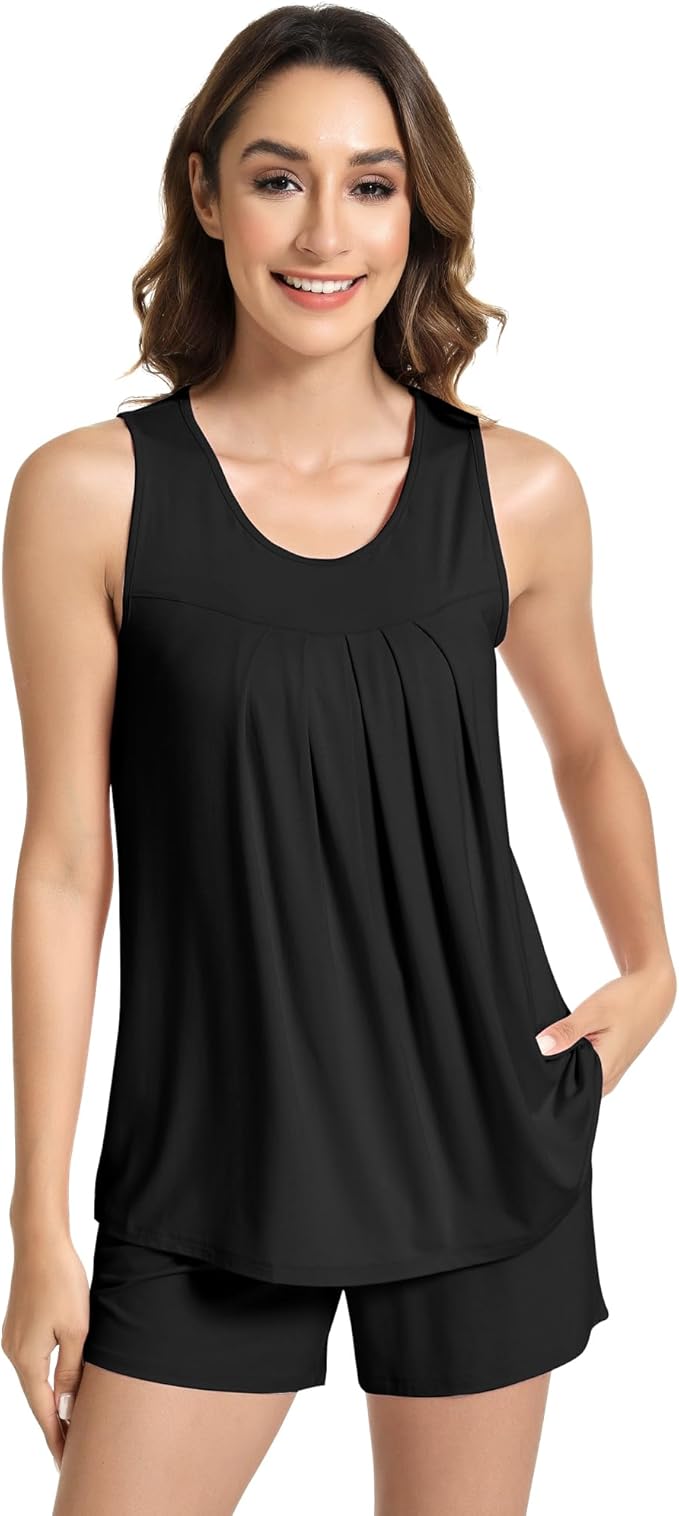 NACHILA Pajamas for Women-Viscose from Bamboo, Ribbed Racerback Tank Top Sexy Split Shorts Pajama Sets Cooling Sleep Cami Pjs