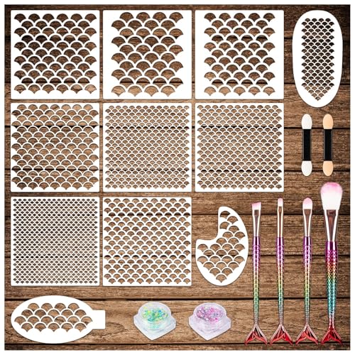 Mermaid Scale Stencil Kit,11Pcs Reusable Mermaid Face Makeup Templates and 4 Pcs Makeup Brushes 2 Bottles Glitter, Women G...