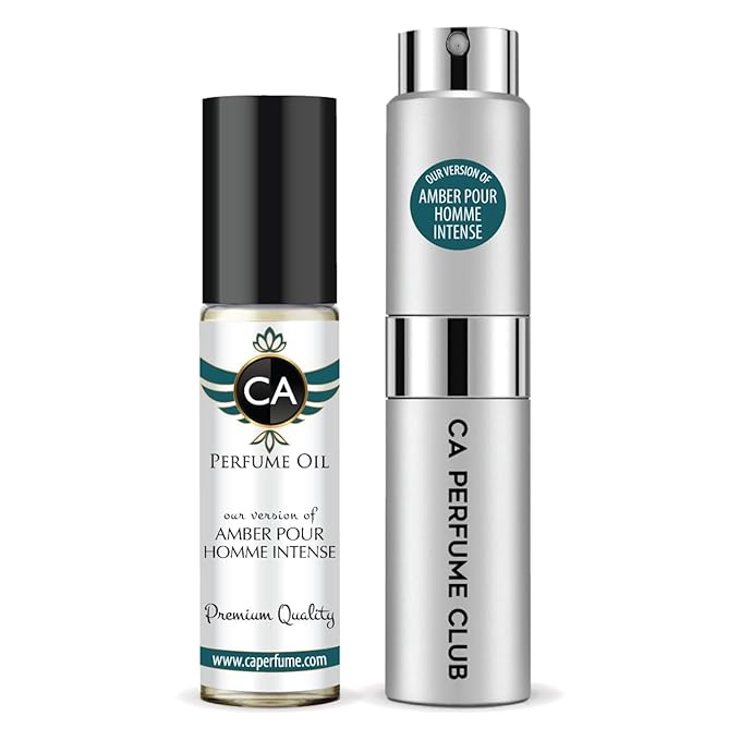 CA Perfume Duo Impression of Amber Pour Homme Intense For Men Perfume Layering Set Mens Cologne Long Lasting Travel Size EDP + Body Oil Roll-On Bottle 0.27 Fl Oz+0.33 Fl Oz