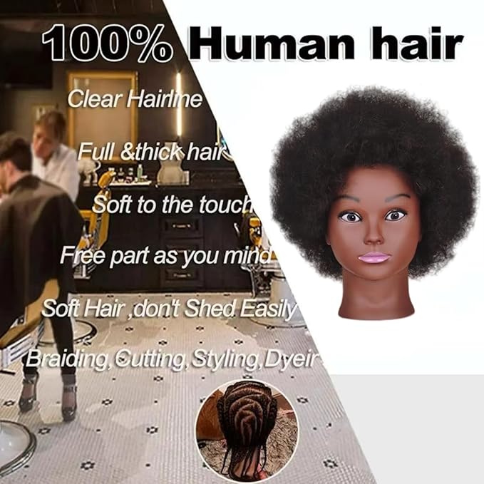African Braiding Mannequin Head with 100% Human Hair, Cosmetology Mannequin Head with 8 Inch Afro Kinkys Curly Hair Training Manikin Doll Heads for Practice Braiding