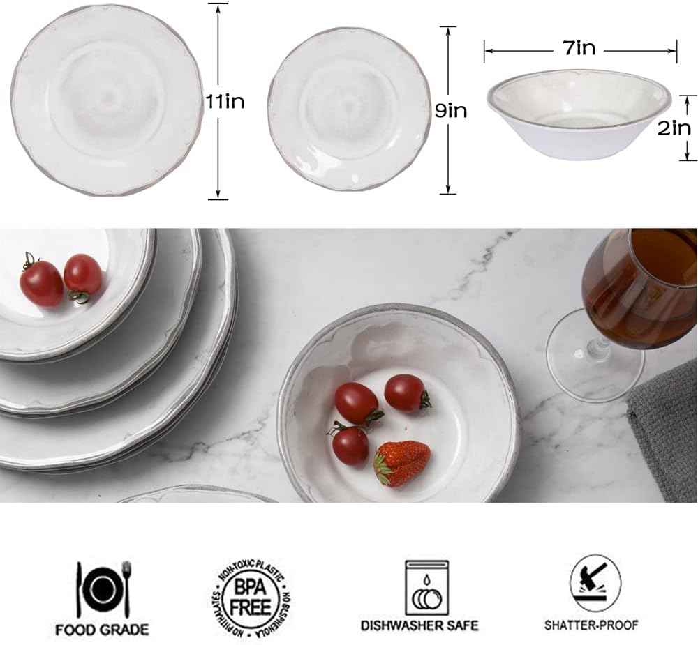 Melamine Dishes Dinnerware Sets - 12pcs Melamine Dinner Plates, Salad Plates and Bowls, for Everyday Use White