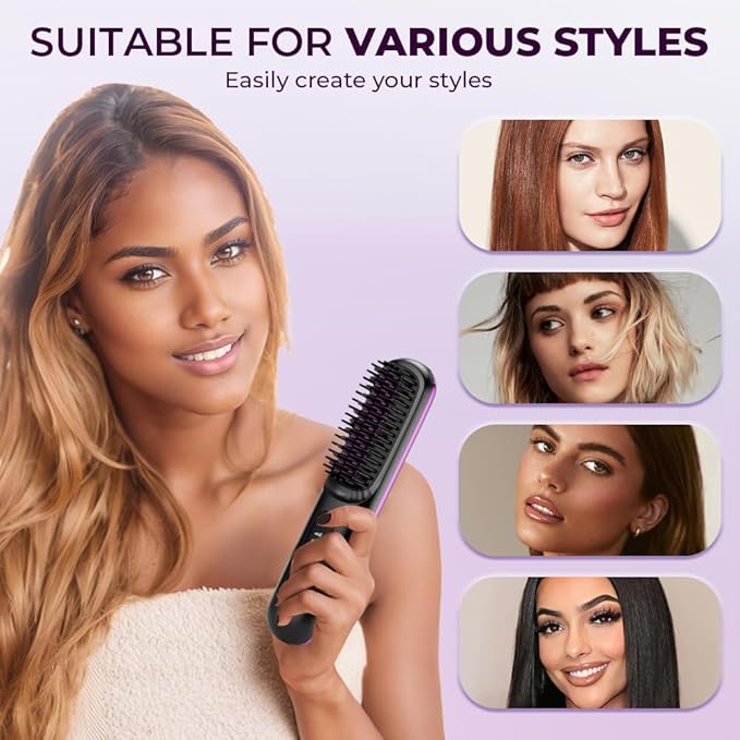 Go Brush Pro, 2026 Upgraded Cordless Hair Straightener Brush, Fast Heating Portable Hair Straightener Comb for Women Travel Essentials 3 Adjustable Temperature (Pink)