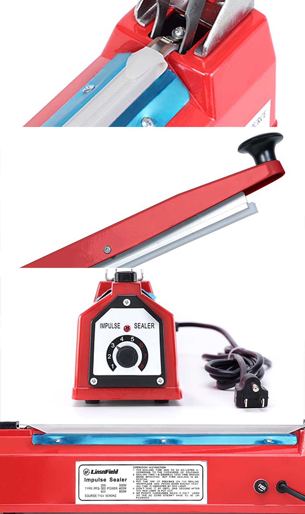 LinsnField Sealer Pro, Patented 8-inch Impulse Heat Sealer, 2-mm Sealing Width Super Heavy Duty Bag Sealing Machine with Extra 2 Replacements, 1Fuse Included, Red