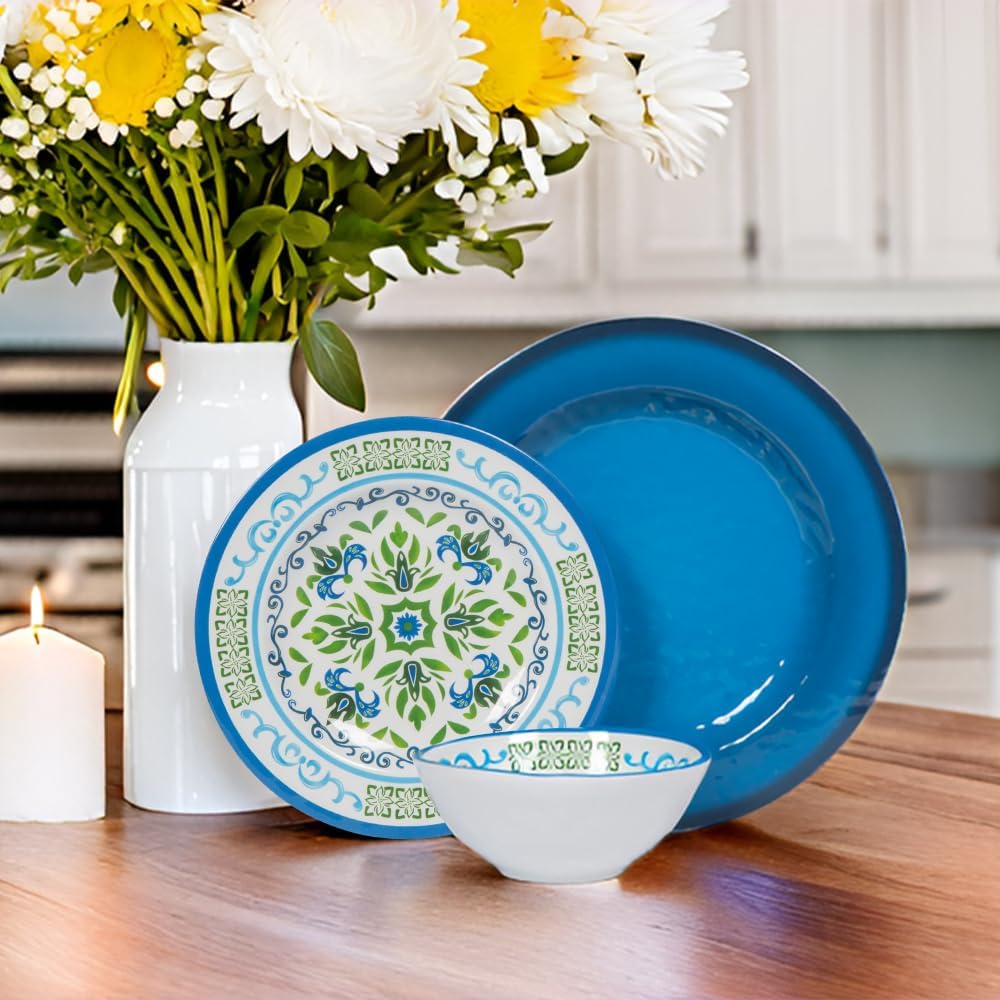 Melamine Dinnerware Sets 12 Pcs, Melamine Plates, Party Plates and Bowls Sets, Camping Dishes Set for 4, Unbreakable, BPA-Free, Dishwasher Safe （Green flowers）