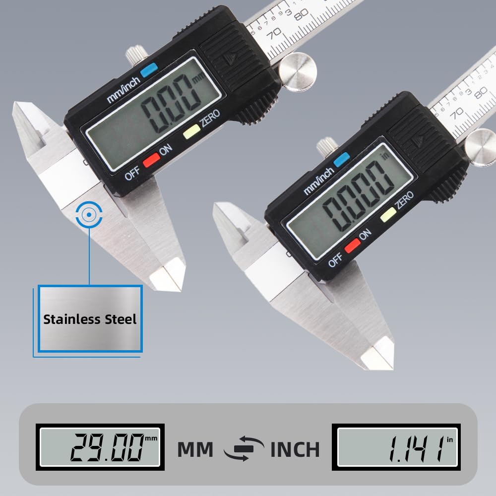 Digital Caliper Measuring Tool, Stainless Steel Vernier Caliper Digital, Micrometer Calipers with Large LCD Screen, Auto-Off Feature, Inch Millimeter Conversion, 6 Inch Caliper Tools for DIY/Household