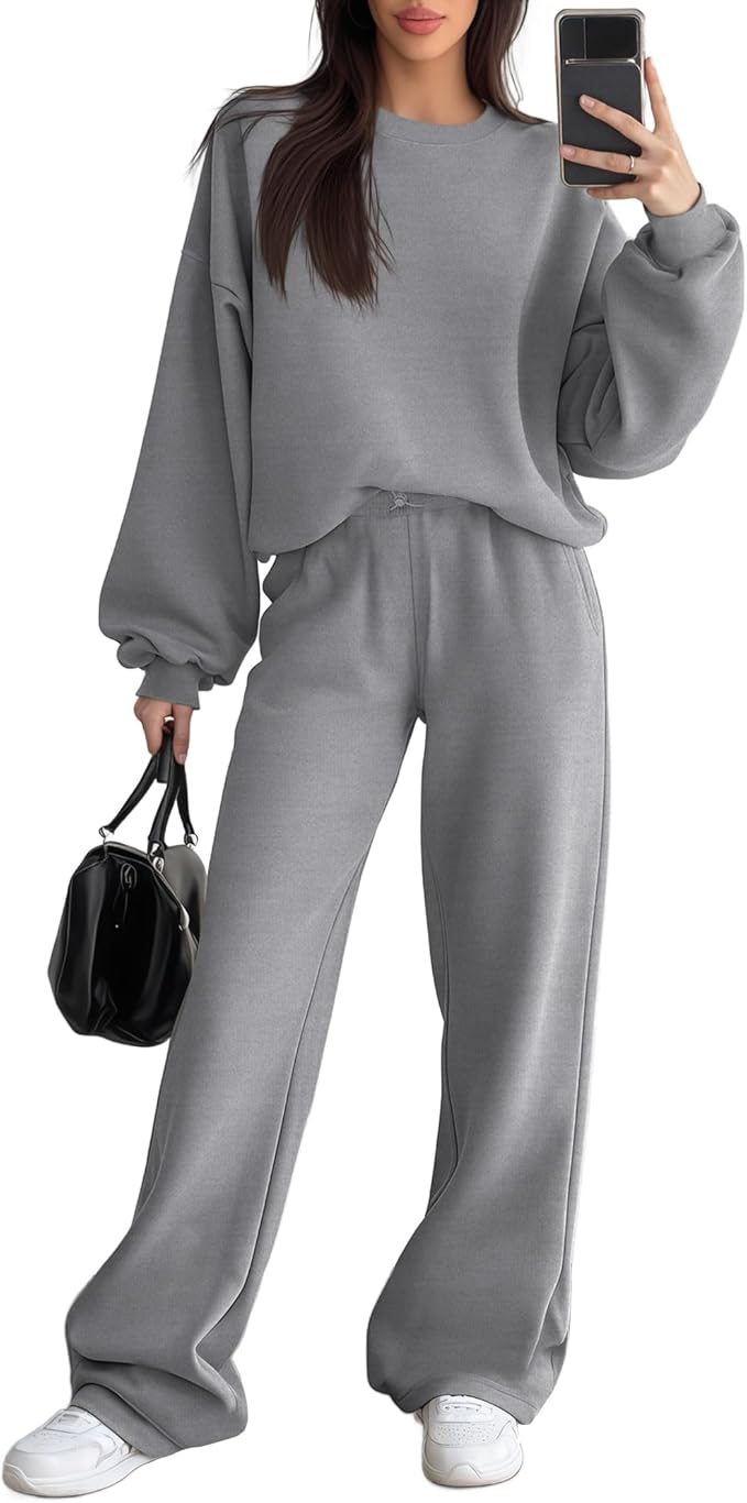 Sweetyweee Women's 2 Piece Outfits Set Fleece Lined Lounge Sweatsuit Crewneck Pullover Top Wide Leg Pants Casual Tracksuit