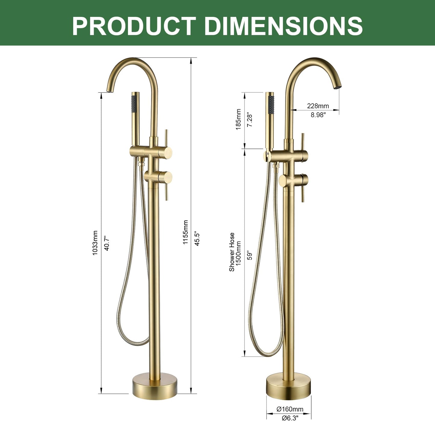 Taplong Brushed Gold Free Standing Tub Faucet Freestanding Bathtub Faucet with Handheld Sprayer, Floor Mount Tub Filler, Shower Tub Faucet Set Complete, Bathtub Faucet with Shower-51005BG