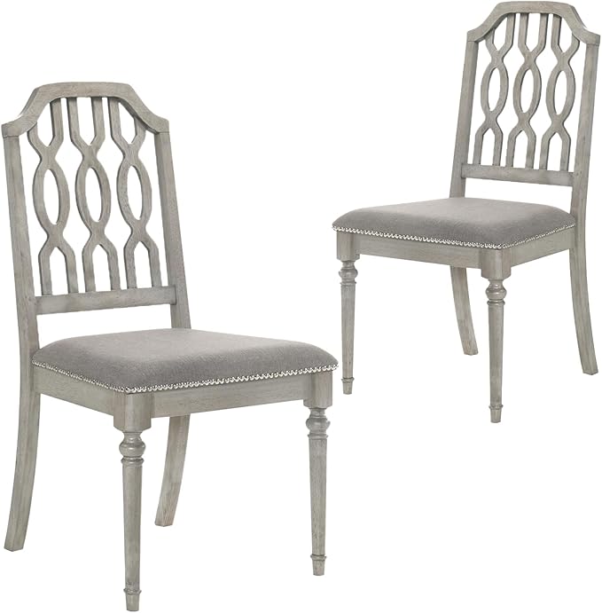 chairus Farmhouse Dining Chairs Set of 2, French Country Wooden Dining Room Chairs with Lattice Back & Nailhead Trim, Upholstered Linen Fabric Kitchen Side Chairs, Grey