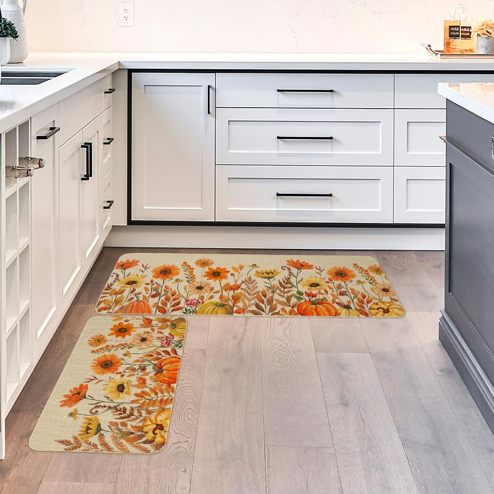 ARKENY Pumpkin Sunflower Fall Kitchen Mats Set of 2, Autumn Kitchen Mats for Floor,Thanksgiving Non Skid Washable Kitchen Rugs and Mat - 17x29 and 17x47 Inch-AKM078