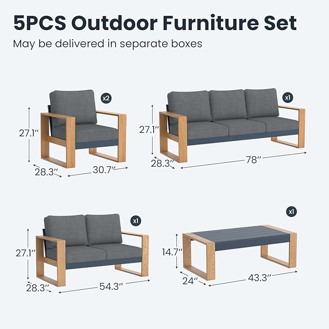5 Pieces Aluminum Patio Furniture Set, Outdoor Conversation Sets with High Backrest Sofa and Coffee Table for Garden and Backyard