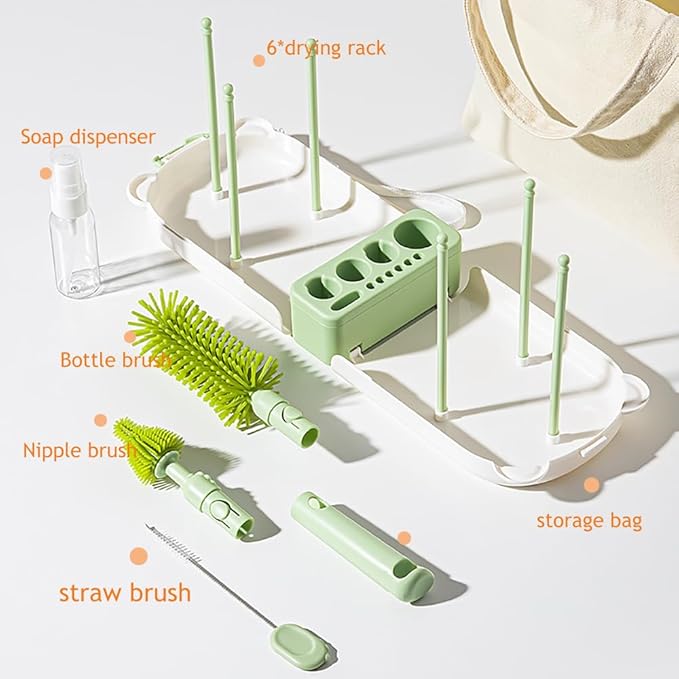 6-in-1 Travel Baby Bottle Brush Set,Silicone Brush Kit with Bottle Brush, Soap Dispenser,Nipple Brush,Straw Brush,Drying Rack,Storage Case,Stocking Stuffers for Women(Green)