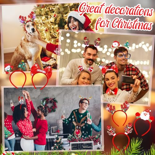 Jexine 24 Pcs Christmas Light up Headbands LED Christmas Headbands with Different Designs Reindeer Antler Santa Hat Tree X...