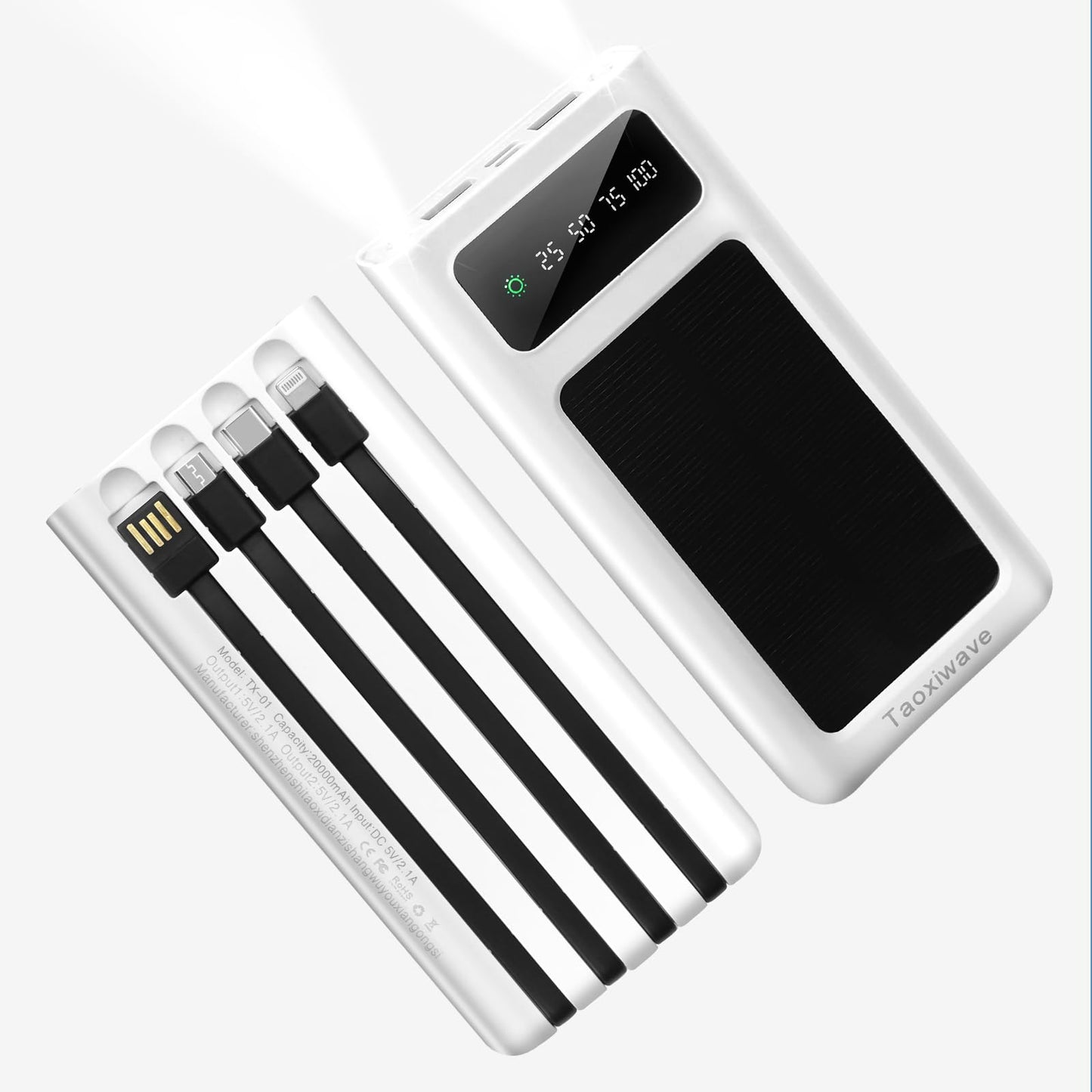 Taoxiwave Power-Bank - 20000Mah Portable Charger,Solar Power Bank,Camping External Backup Battery Pack,Fast Solar Panel Charger