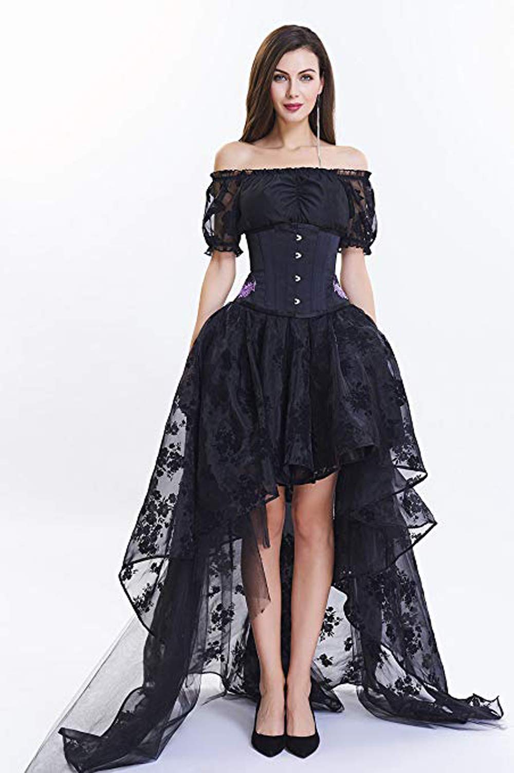 COSWE Women's Black Floral Lace Asymmetrical Victoria Gothic Long Maxi Skirt Party