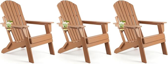FUNBERRY Folding Adirondack Chair Set of 3, All Weather HDPE Fire Pit Chairs with Cup Holder for Outdoor