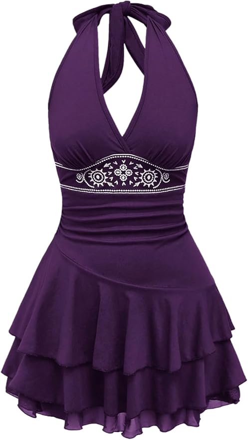 SOLY HUX Women's Summer Halter Backless Mini Dress Flowy Sleeveless V Neck Tie Back A Line Western Casual Sun Dresses