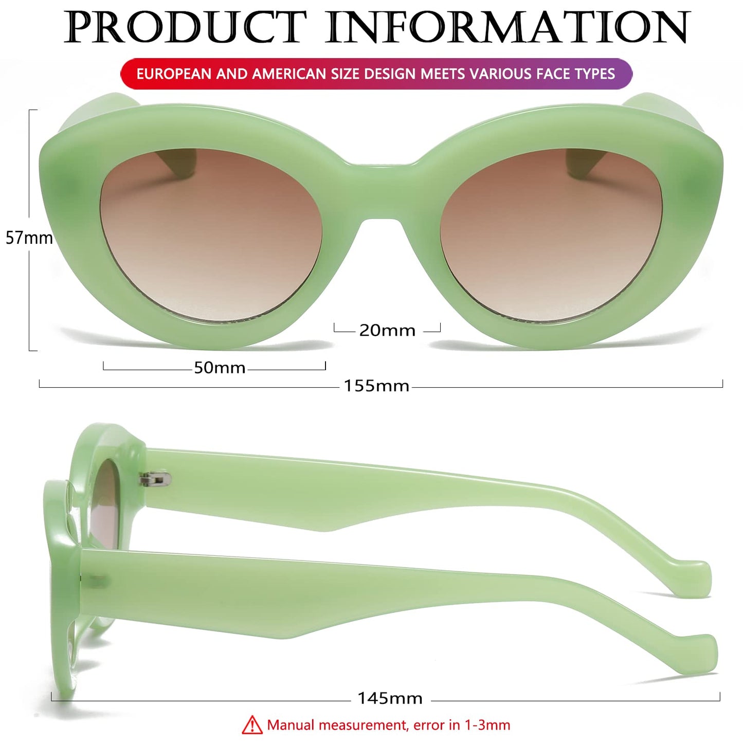 AIEYEZO Oversized Cat Eye Sunglasses for Women Cute Oval Thick Frame Cateye Sun Glasses Chic Retro Style Shades (Black + Green)