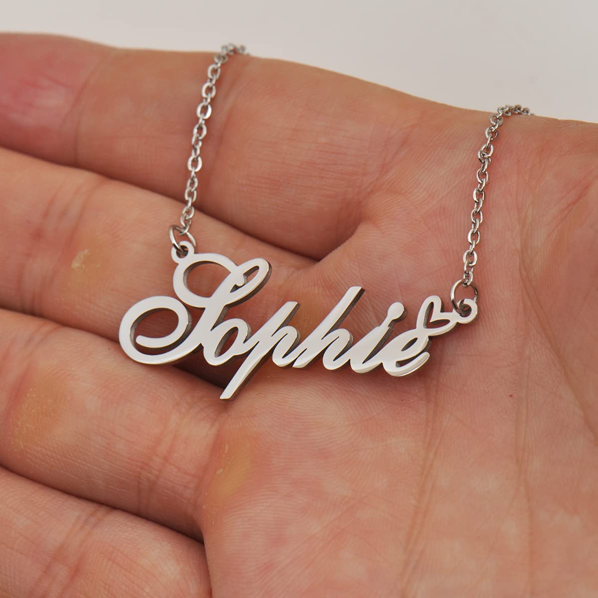 HUAN XUN Sabrina Name Necklace with Heart Silver Stainless Steel Initial Pendant Gifts Custom Name Necklaces for Women