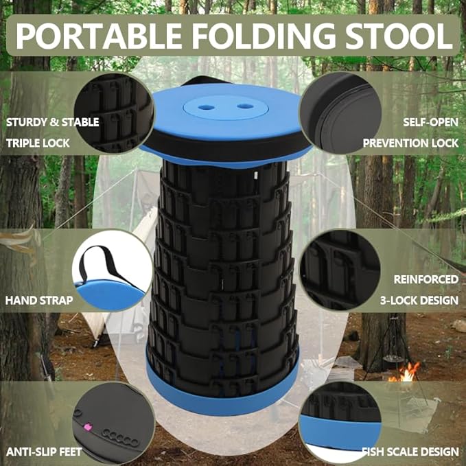 JAEMEYEM 2025 Upgraded Foldable Stool, Capacity Max 660lbs Portable Retractable Small Folding Stool, Collapsible Telescoping Camping Stool for Adults Outdoor Fishing Hiking Gardening Travel BBQ