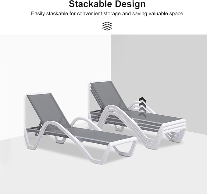 PURPLE LEAF Patio Chaise Lounge Chair with Armrests Outside Aluminum Plastic Stackable Tanning Chairs for Pool Sunbathing Beach Deck Outdoor Lounger, Light Grey