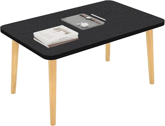 Funecy Coffee Table Low Table with Solid Wood Sturdy Legs, Floor Table Desk for Sitting on The Floor, Storage and Living Room Furniture (Black-Square)