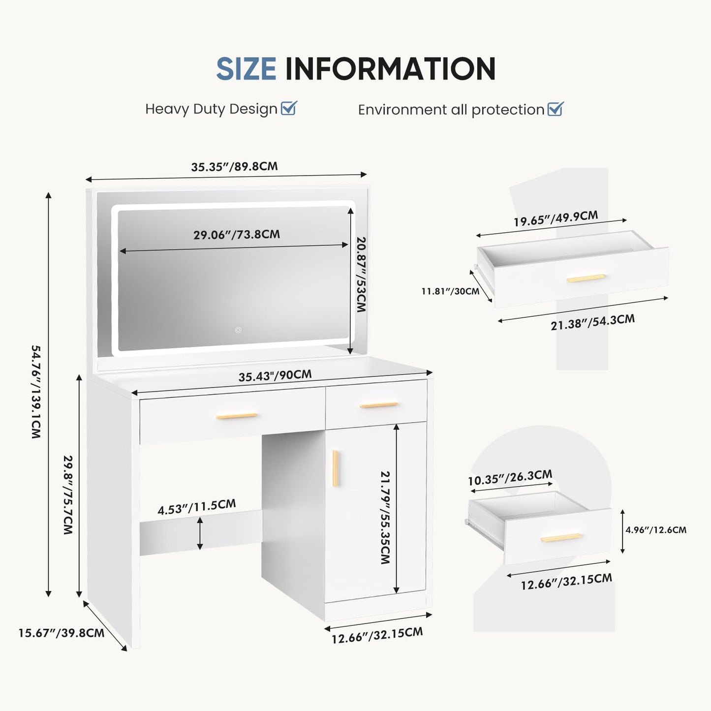 DUMOS Vanity Desk with 35.4" LED Mirror and Lights, Makeup Vanity Table with Charging Station (2AC/USB/C), 2 Drawers & Large Cabinet, 3 Lighting Color Adjustable, Modern Dressing Table, White