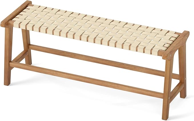 Tangkula Teak Wood Outdoor Bench, Patio Backless Wooden Dining Bench with Weave Seat, Solid Wood Legs, Indoor & Outdoor Wooden Bench for Porch, Backyard, Deck, Entryway (Natural,2)