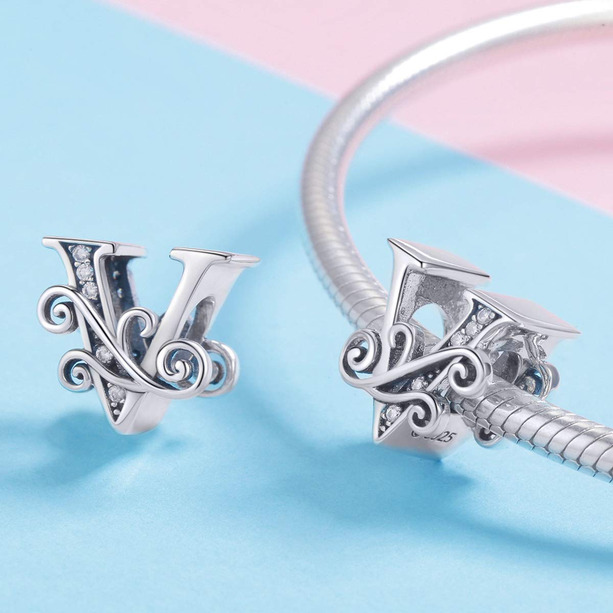 BISAER 925 Sterling Silver Initial Letter V Charms for Bracelets Alphabet Beads Charm Jewelry Gifts