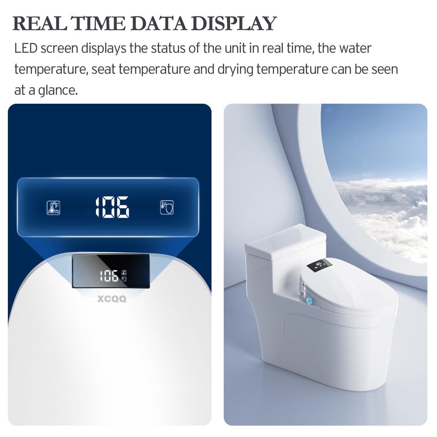 XCQQ Electric Bidet Toilet Seat with Remote, Heated Toilet Seat, Instant Warm Water, Warm Air Dryer, Rear & Feminine with Oscillating Cleansing, Night Light, Slow Close Lid, LED Display - Round