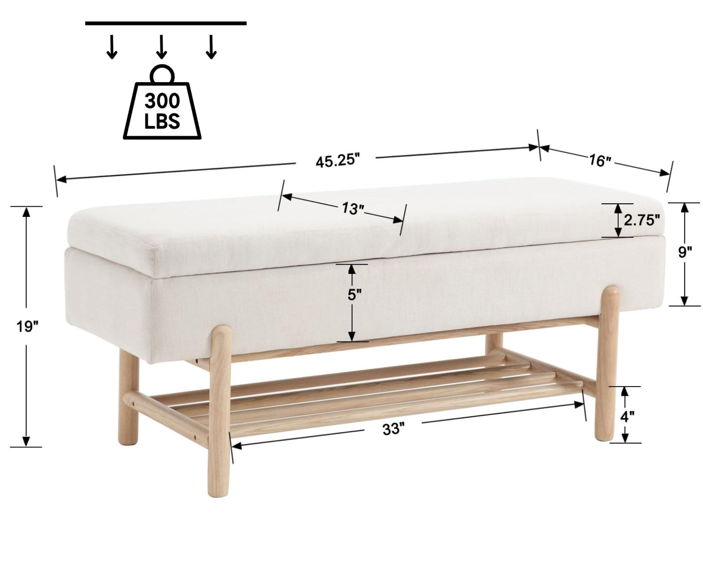 CIMOTA Entryway Storage Bench for Bedroom Upholstered End of Bed Ottoman Bench with Wood Shoe Storage for Living Room/Hallway/Under Window/Corner, 45 Inches, Linen Beige
