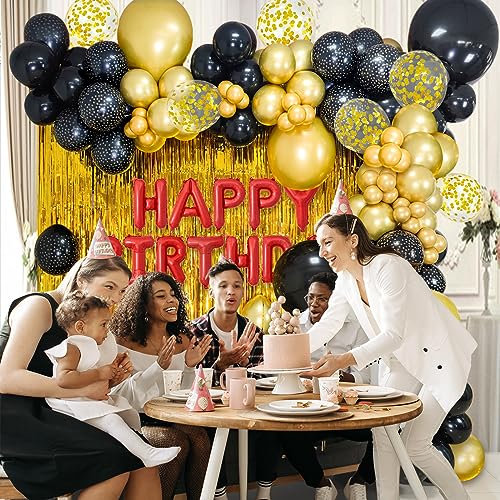 Black Gold Confetti Balloons 50 Pack 12 inch Black and Gold Metallic Latex Balloons with 1 Rolls of Ribbon for Birthday Gr...