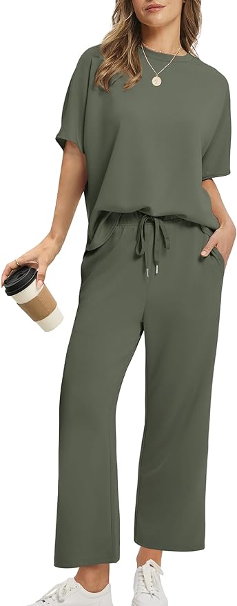 Sampeel Two Piece Sets for Women Summer Outfits Oversized Wide Leg Crop Pants Lounge Sets Airport Beach Vacation Clothes