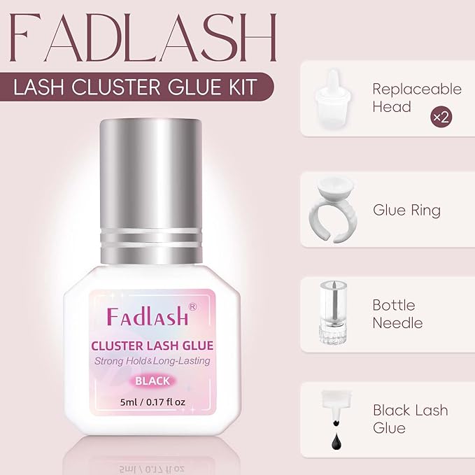 FADLASH Lash Cluster Glue Black Eyelash Glue for DIY Lash Extensions Waterproof 2-3s Fast Drying 2 Weeks Retention Long-Lasting at Home (5ml)