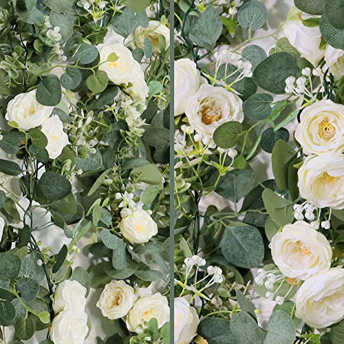 TOCHGREEN 2 Pack 13Ft Artificial Eucalyptus Flower Garland with White Roses, Fake Rose Flower Greenery Garland Floral Vine...