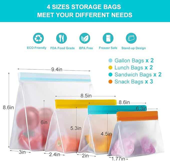 Reusable Food Storage Bags Stand Up, 9 Pack Leakproof Freezer Bags, BPA Free Gallon Bags, Reusable Plastic Snack Bags, Lunch Sandwich Bags for Home & Travel