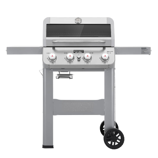 Monument Grills 4-Burner Liquid Propane Gas Grill, Silver Stainless Steel Grill Outdoor Patio Garden Barbecue Grill with Clearview® Lid and One Foldable Shelf, Mesa400MF